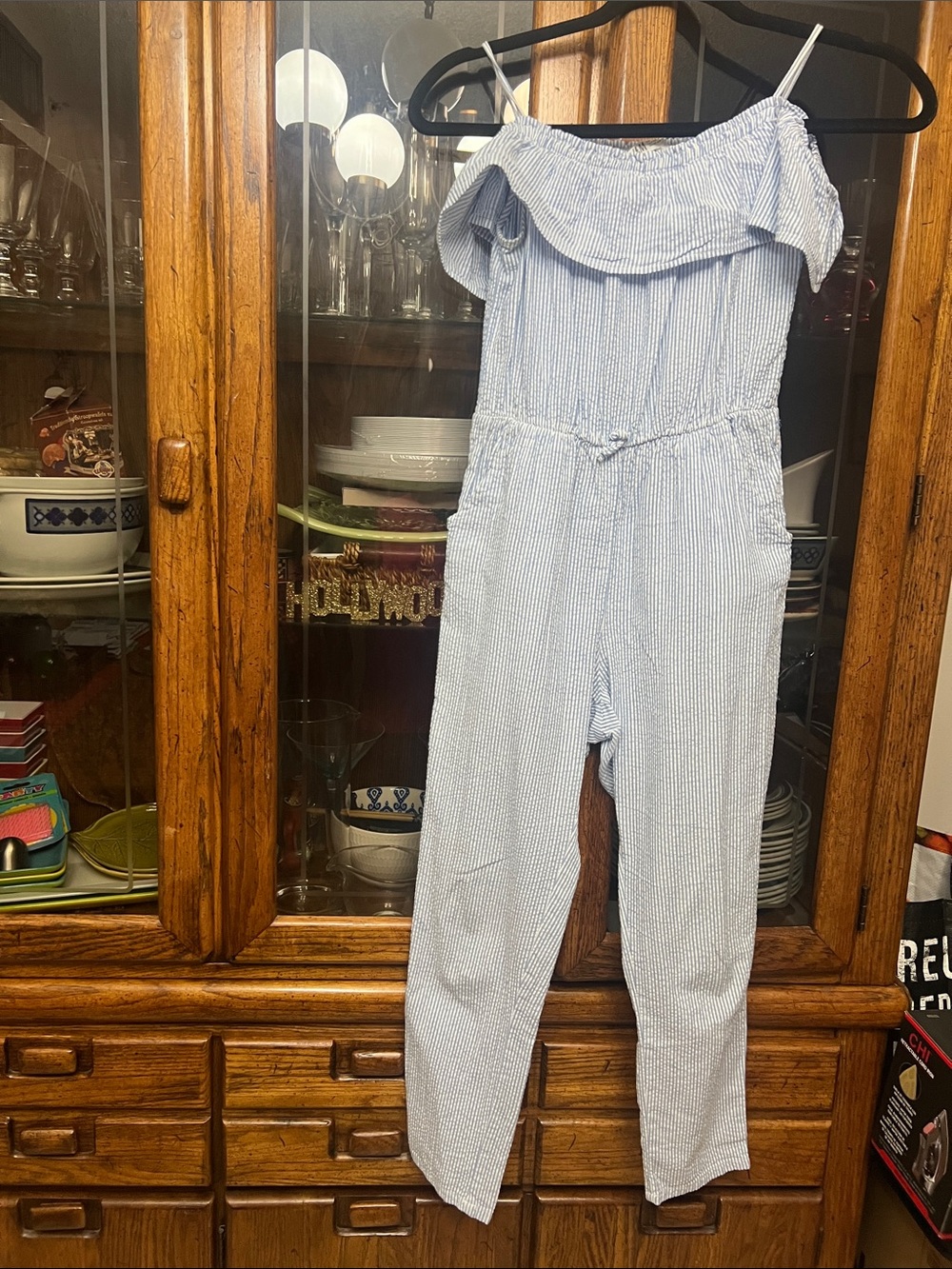 H&M Girls' Light Blue Striped Off-Shoulder One-Piece Jumpsuit
